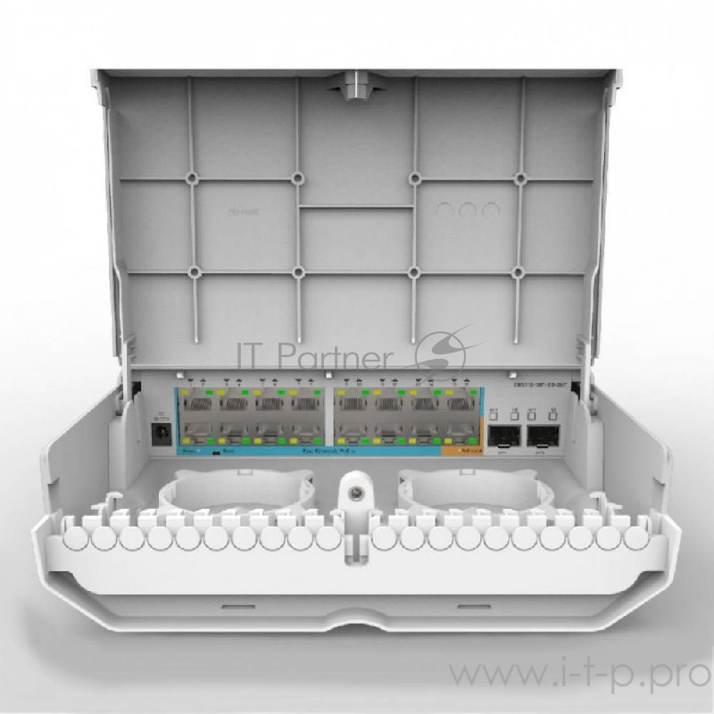 CRS318-16P-2S+OUT with 800MHz CPU, 256MB RAM, 16x Gigabit LAN with PoE-out, 2xSFP+ cages, RouterOS L5 or SwitchOS (dual boot), outdoor enclosure, mo