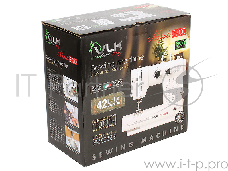 швейная машина VLK NAPOLI 2700 белый Напряжение: 220 В, Частота: 50 Гц, Размеры без упаковки: 21.4*13.4*25.3 см Вес нетто: 2.75 кг, Цвет: белый, 42 вида строчки, в том числе обработка петли для пуговицы, Автоматическая намотка нити, Обработка петель