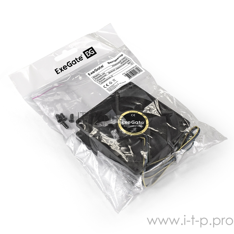 Вентилятор EX283378RUS ExeGate E08025B4P-PWM, 80x80x25 мм, двойной шарикоподшипник, 4pin, PWM, 22dBA