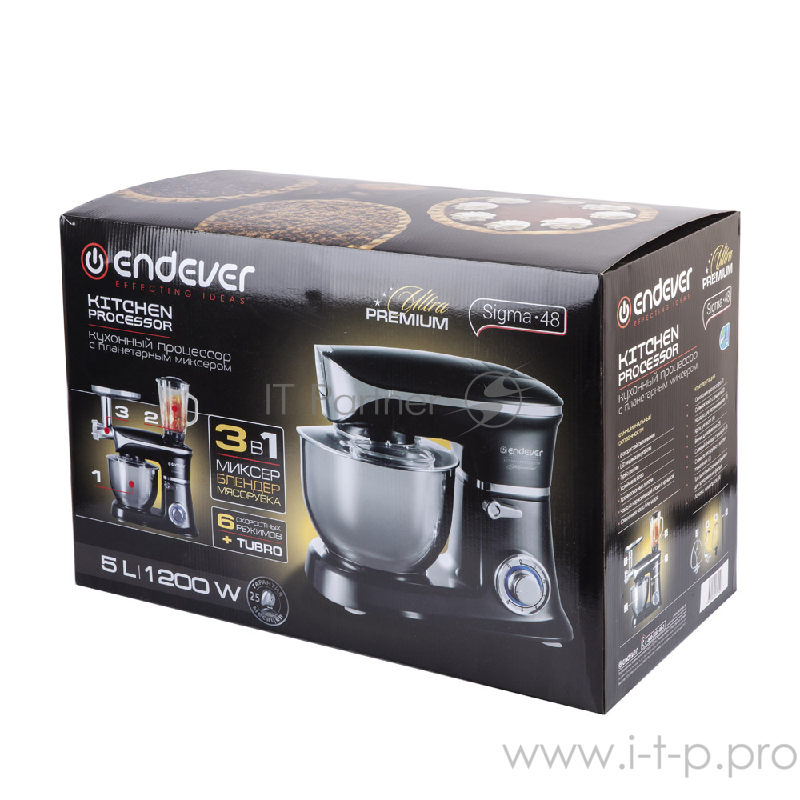 Кухонный процессор Endever Sigma-48 3 в 1 (миксер, мясорубка,блендер) мощн.1300 Вт, объем чаши 6,5 л, планетарная система смешивания, 6 скор. 2 шт/уп.