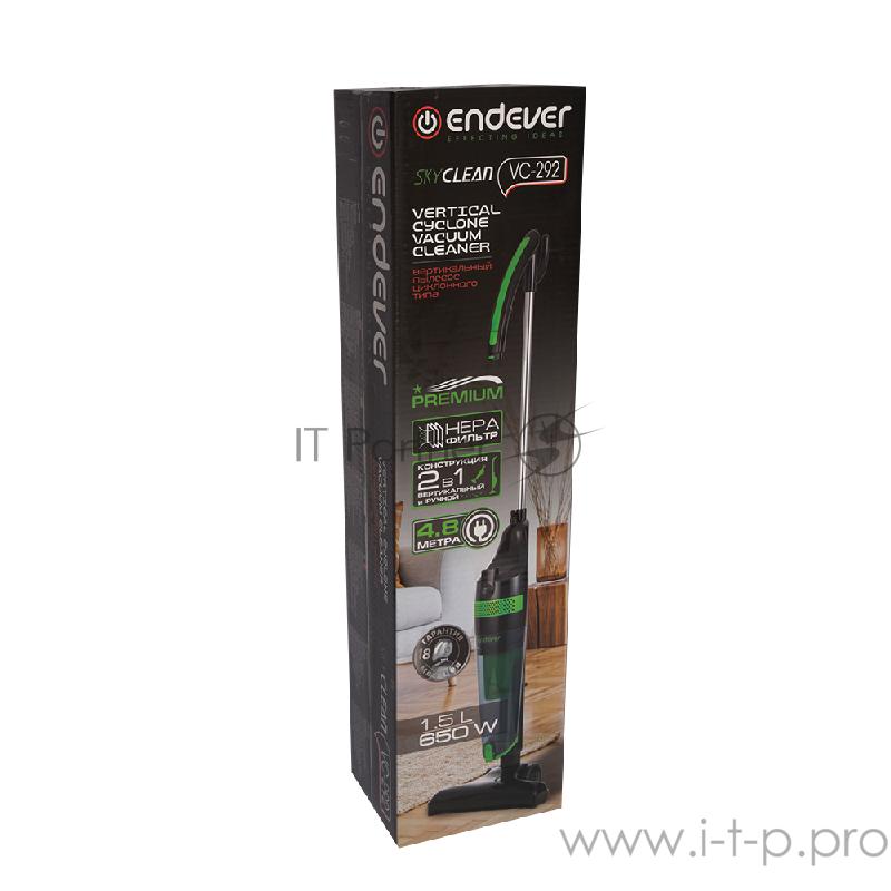Вертикальный пылесос циклонного типа Endever SkyClean VC-292,черный/зеленый, мощность 650 Вт, циклонная система фильтрации, 2 в1 вертикальный и ручной