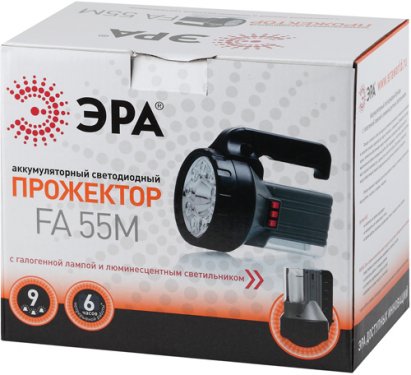 Фонари ЭРА C0028107 Фонарь-прожектор FA55M {9 светодиодов, галоген 10 W, люм 7W, аккумулятор 6В 2,5Ач, ЗУ 220V}