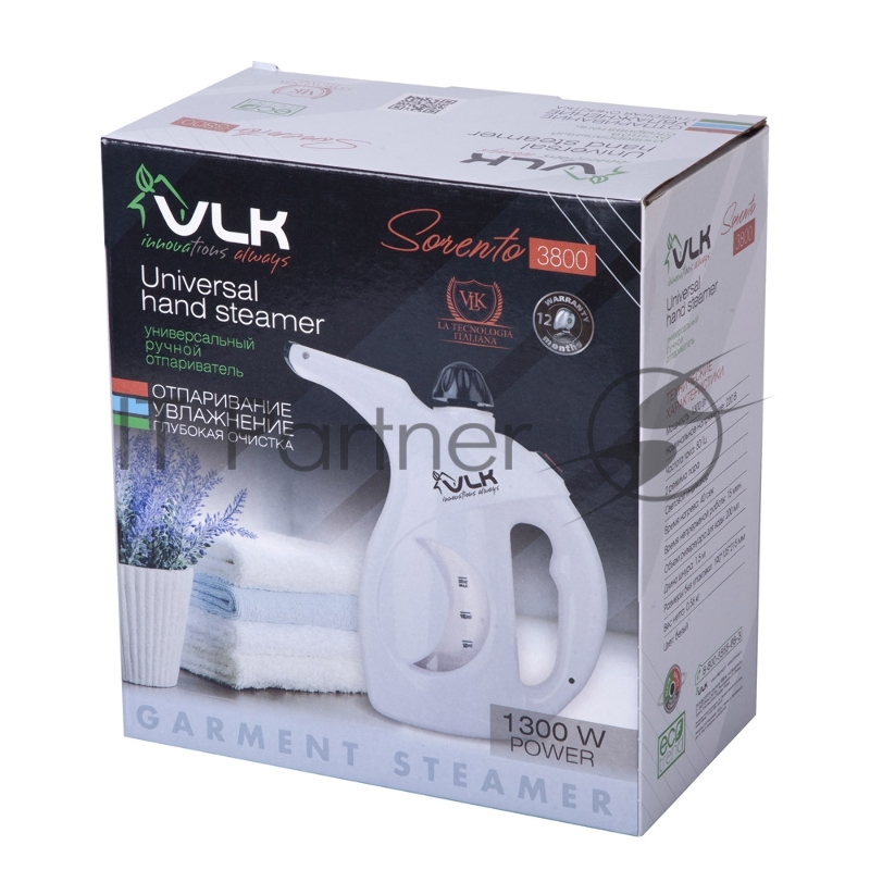 Отпариватель для одежды компактный VLK Sorento 3800, белый, мощность 1300 Вт, производительность пара 30 г/мин, емкость 200 мл, 20 шт/уп