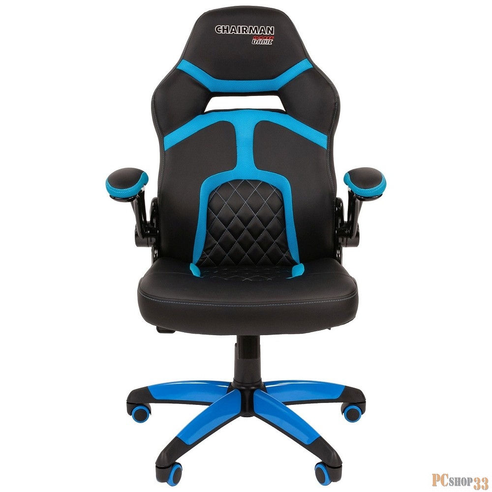 Игровое кресло Chairman game 18 чёрное/голубое (Экокожа/Ткань TW, пластик, газпатрон 3 кл, ролики, механизм качания)