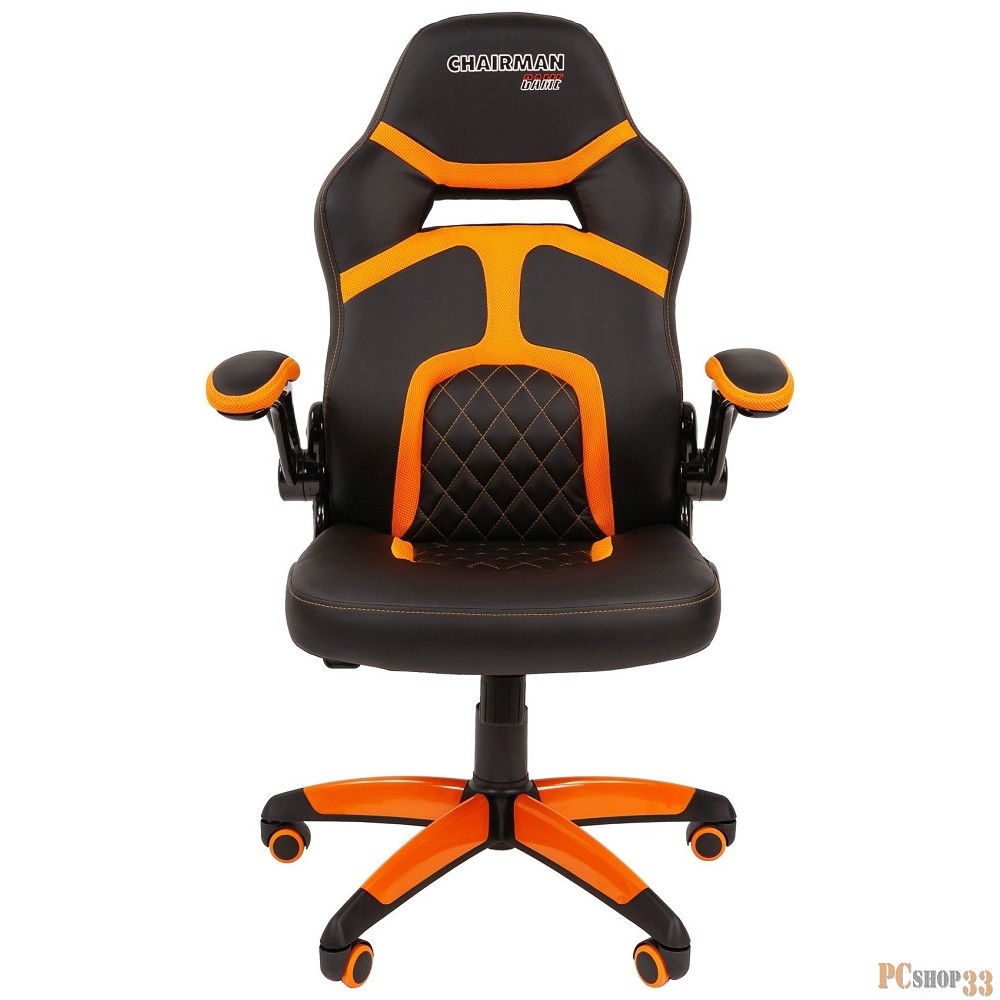 Игровое кресло Chairman game 18 чёрное/оранжевое (Экокожа/Ткань TW, пластик, газпатрон 3 кл, ролики, механизм качания)