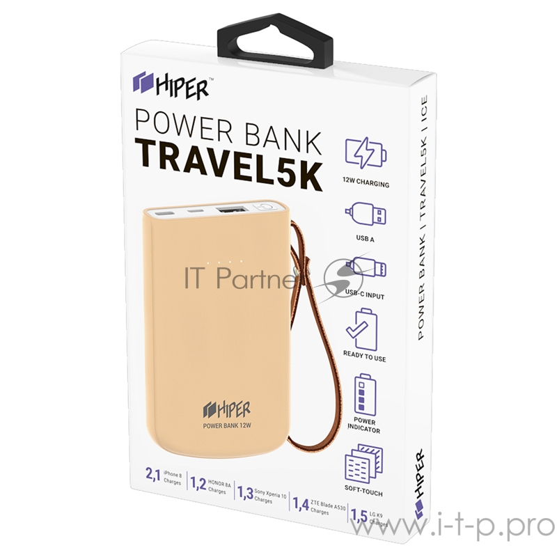 Внешний аккумулятор HIPER TRAVEL 5K Peach Li-Pol 5000 mAh 2.1A 2xUSB 1xType-C розовый