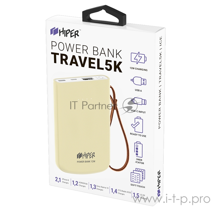 Внешний аккумулятор HIPER TRAVEL 5K Lemon Li-Pol 5000 mAh 2.1A 2xUSB 1xType-C желтый