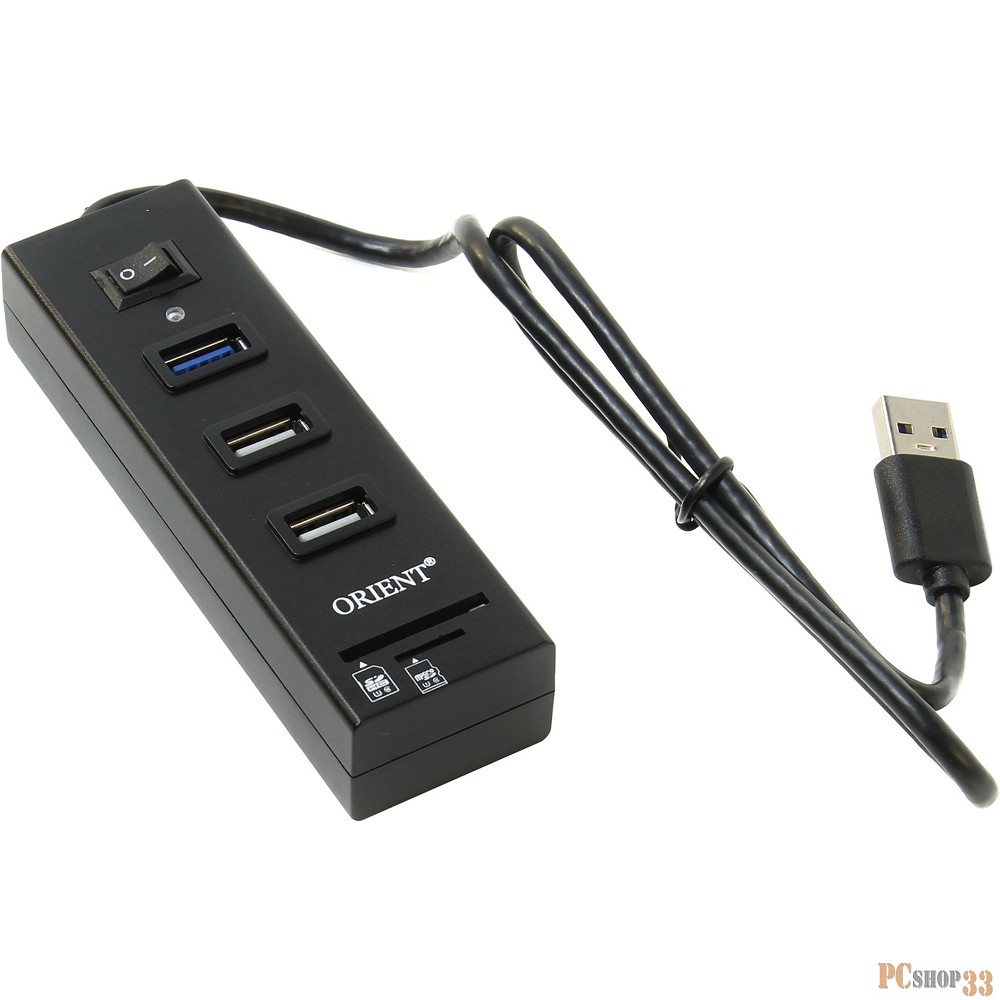 Контроллер ORIENT JK-320, USB 3.0/USB 2.0 HUB 3 Ports + SD/microSD CardReader, выкл., кабель 0.5м, черный