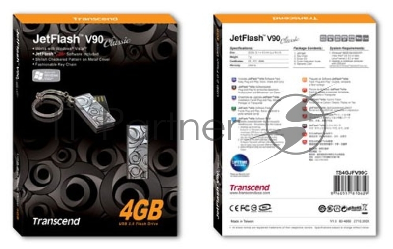 Флеш накопитель 4GB Transcend JetFlash V90C, USB 2.0, Precision Swirl