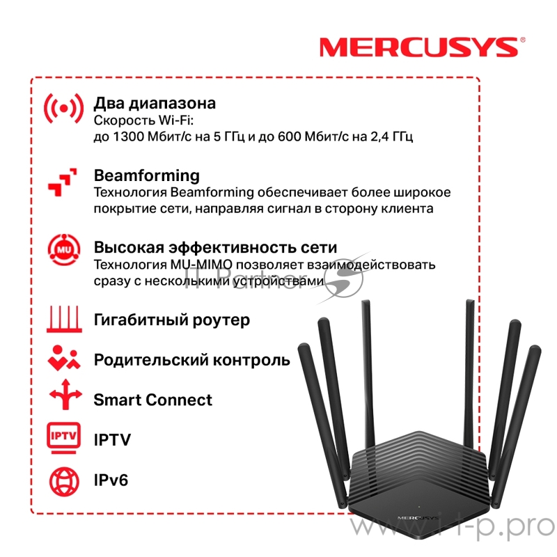 Mercusys MR50G Роутер, до 1300 Мбит/с на 5 ГГц + до 600 Мбит/с на 2,4 ГГц, 802.11ac/a/b/g/n, 1 10/100/1000Мбит/с WAN + 2