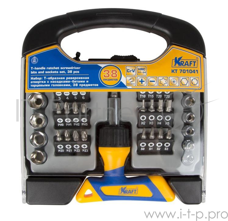 Набор KRAFT KT 701041 Т-образная реверсивная отвертка с насадками-битами и торцевыми головками 38