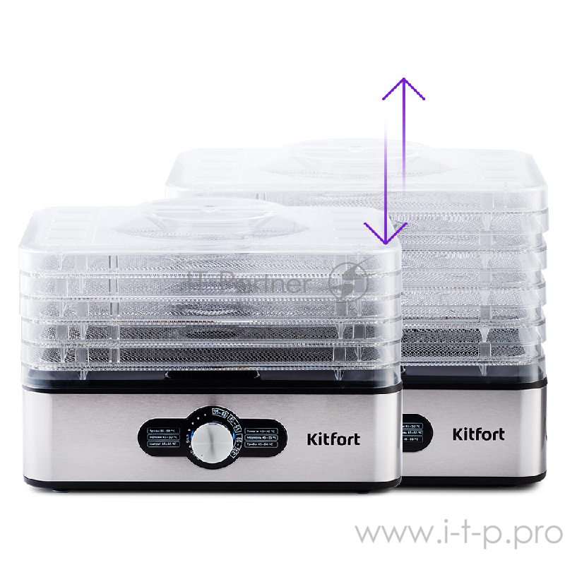 Сушилка для овощей и фруктов Kitfort Мощность 200–240 Вт.Количество поддонов 5.