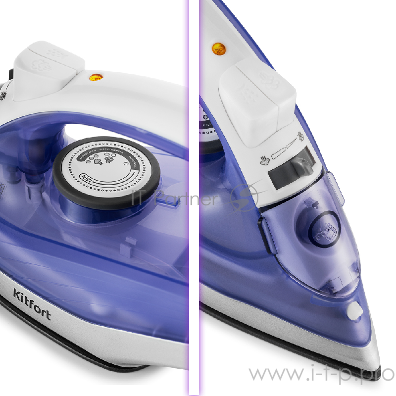 Утюг Kitfort Мощность 1100–1300 Вт.Материал подошвы алюминий с антипригарным покрытием.