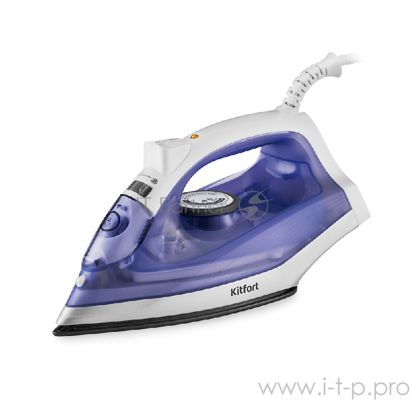 Утюг Kitfort Мощность 1100–1300 Вт.Материал подошвы алюминий с антипригарным покрытием.