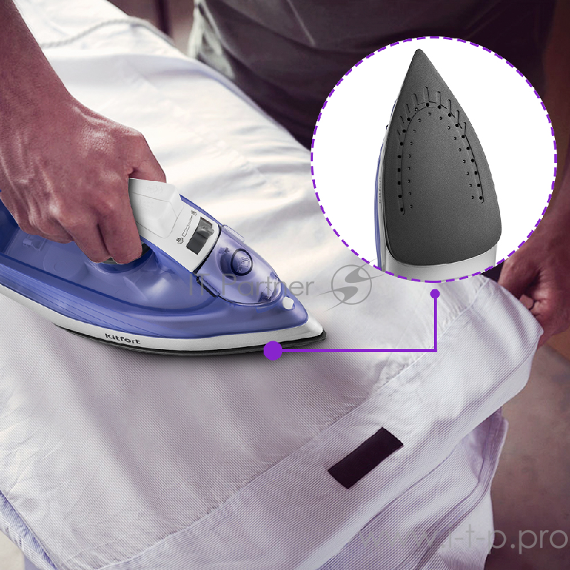 Утюг Kitfort Мощность 1100–1300 Вт.Материал подошвы алюминий с антипригарным покрытием.