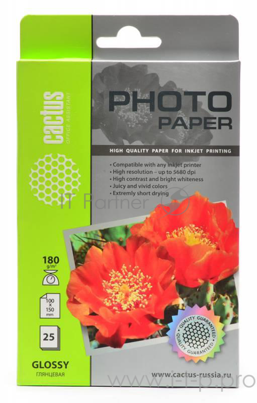 Бумага CACTUS GA618025 Фотобумага Cactus CS-GA618025 глянцевая, 10x15, 180 г/м2, 25 листов