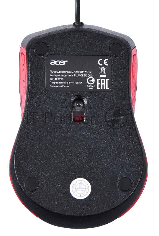 Мышь Acer OMW012 черный/красный оптическая (1200dpi) USB (2but)