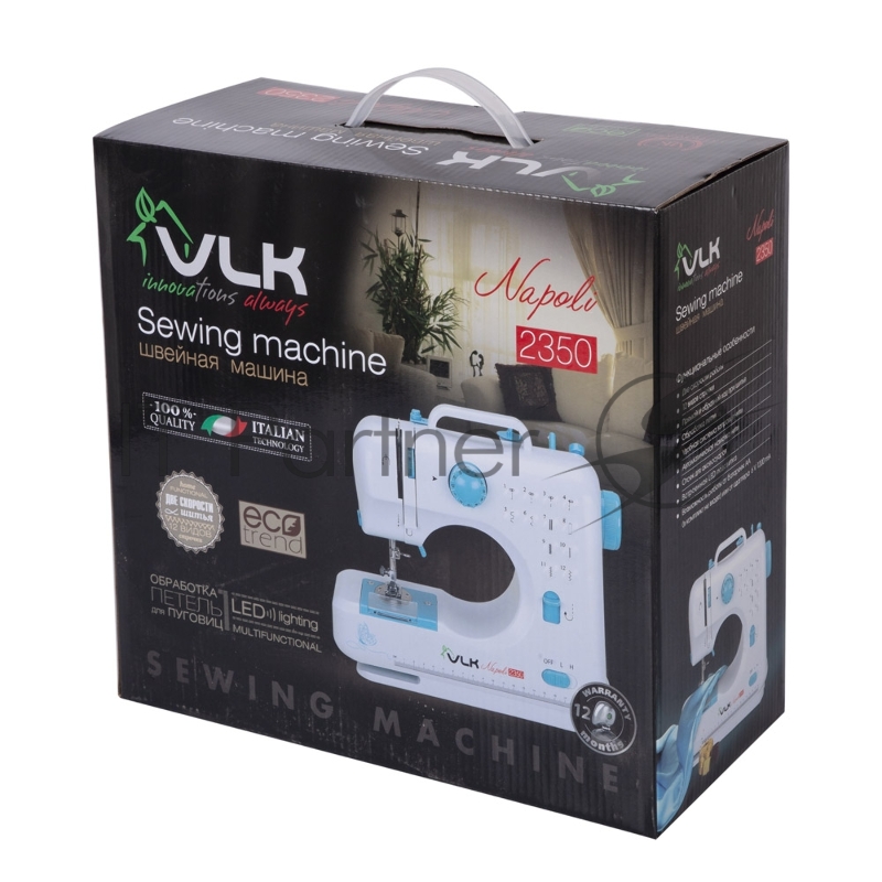 Швейная машина VLK Napoli 2350, белый, 12 видов строчки, две скорости шитья, обработка петли для пуговиц, LED-подсветка, 6 шт/уп