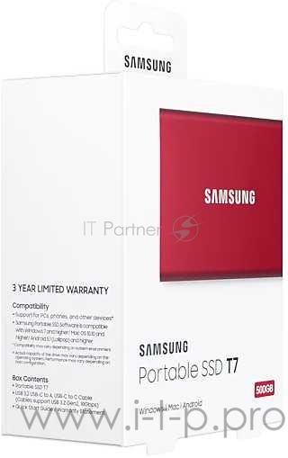 Твердотельный накопитель Samsung SSD 500GB T7 Touch, USB Type-C, R/W 1000/1050MB/s, Red