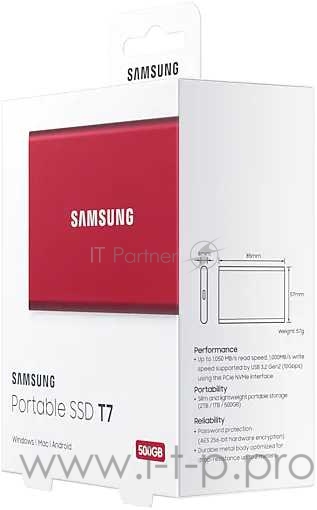 Твердотельный накопитель Samsung SSD 500GB T7 Touch, USB Type-C, R/W 1000/1050MB/s, Red