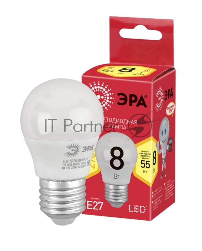 Лампа ЭРА ECO LED P45-8W-827-E27 (диод, шар, 8Вт, тепл, E27)