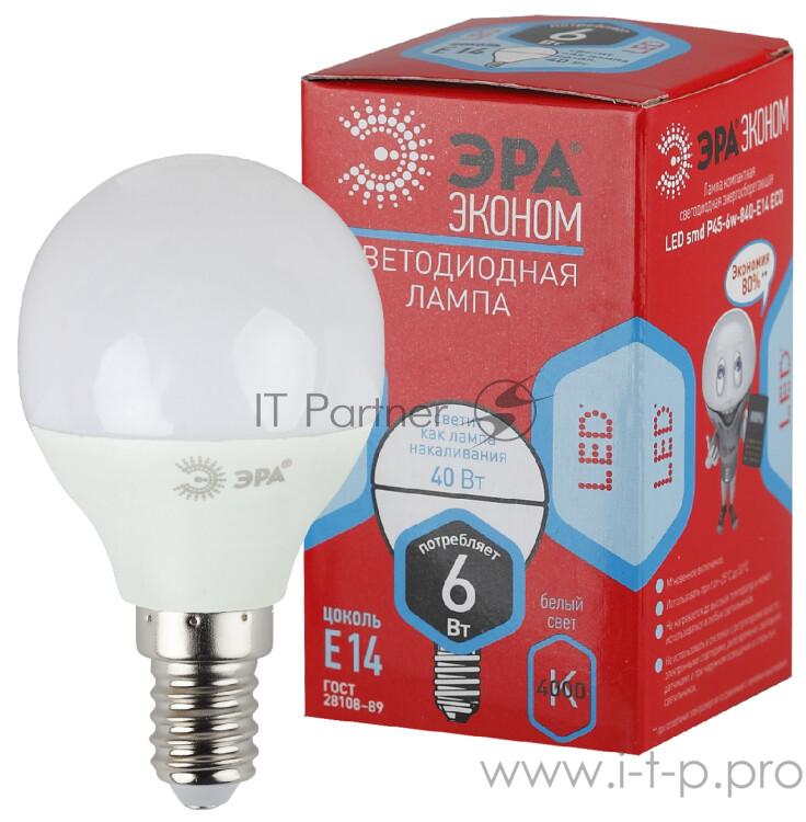 ЭРА Б0019077 ECO LED P45-6W-840-E14 Лампа ЭРА (диод, шар, 6Вт, нейтр, E14)