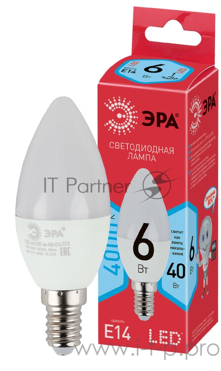 ЭРА Б0020619 ECO LED B35-6W-840-E14 Лампа ЭРА (диод, свеча, 6Вт, нейтр, E14)