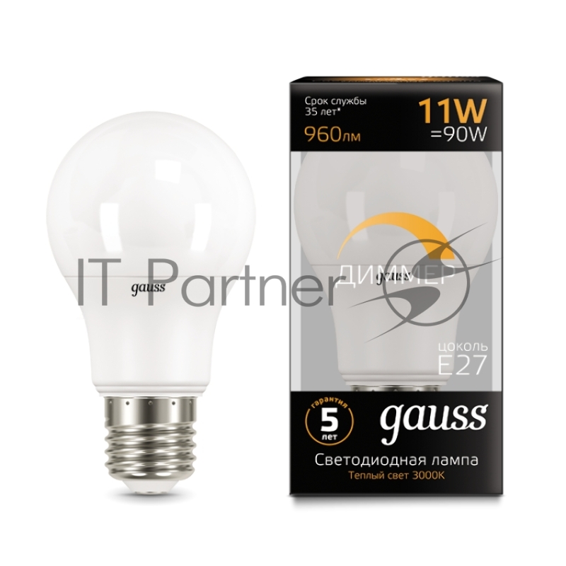 Лампа светодиодная Led A60-dim E27 11Вт 3000К диммируемая Gauss 102502111-D