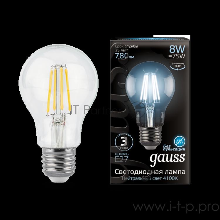 Лампа светодиодная Filament A60 E27 8Вт 4100К GAUSS 102802208