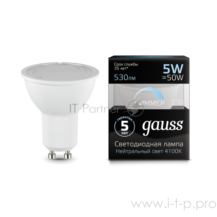 Лампа светодиодная Led MR16 GU10-dim 5Вт 4100К диммируемая Gauss 101506205-D