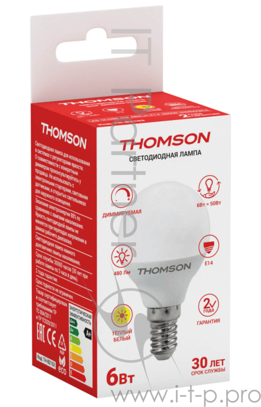 Лампа светодиодная Hiper THOMSON LED GLOBE 6W 480Lm E14 3000K DIMMABLE