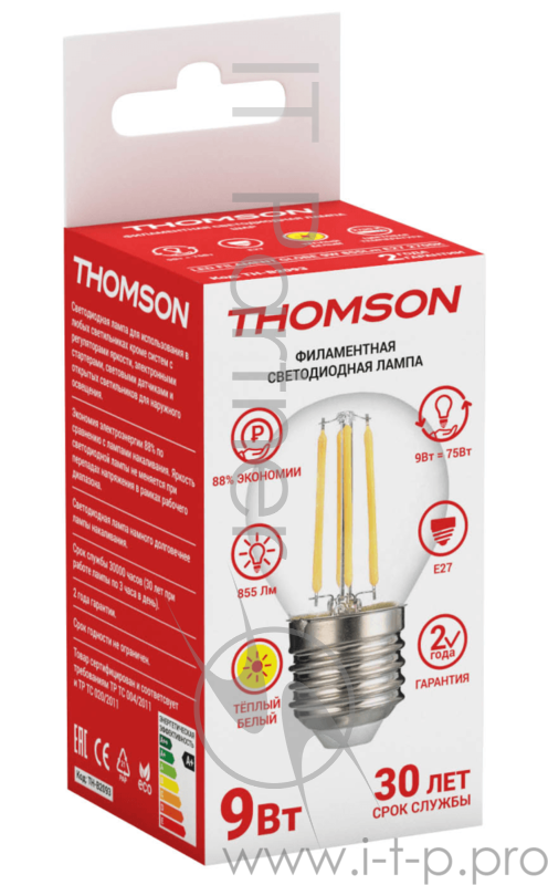 Лампа светодиодная Hiper THOMSON LED FILAMENT GLOBE 9W 855Lm E27 2700K TH-B2093