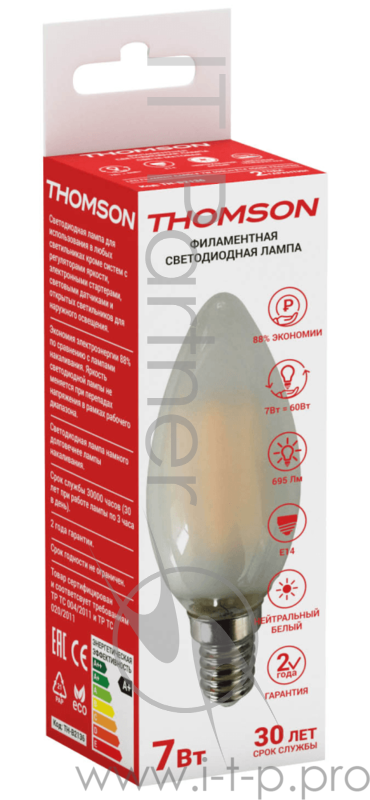 Лампа светодиодная Hiper THOMSON LED FILAMENT CANDLE 7W 695Lm E14 4500K FROSTED