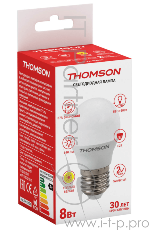 Лампа светодиодная Hiper THOMSON LED GLOBE 8W 640Lm E27 3000K TH-B2039