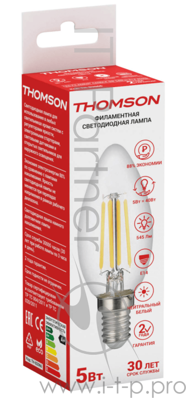 Лампа светодиодная Hiper THOMSON LED FILAMENT CANDLE 5W 545Lm E14 4500K TH-B2066
