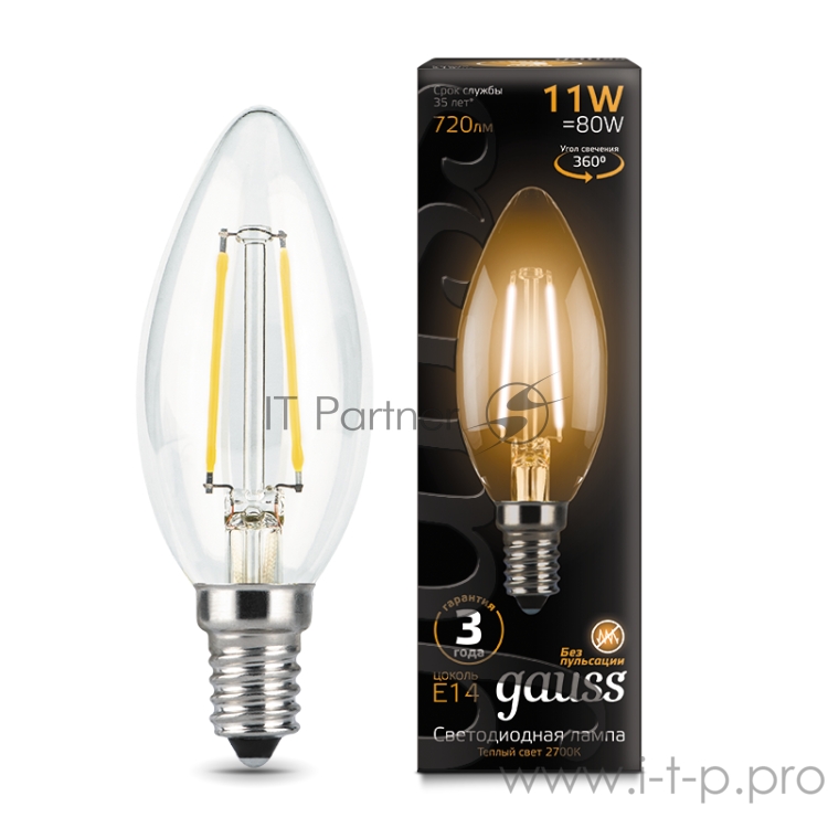 Светодиодная лампа GAUSS 103801111 LED Filament Свеча E14 11W 720lm 2700К 1/10/50
