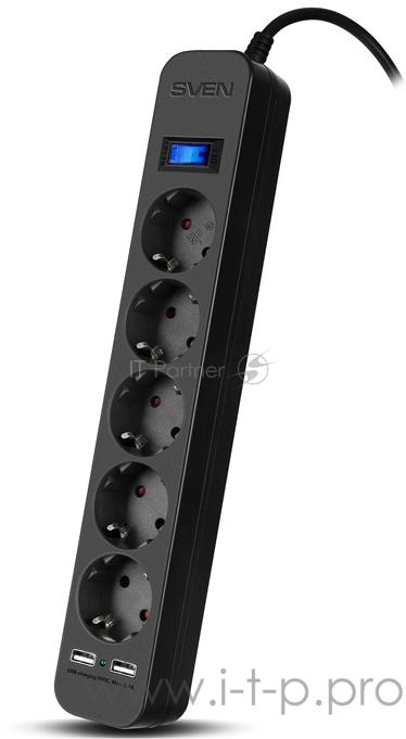 Фильтр SVEN SF-05LU 1,8 м (5 евро розеток,2*USB(2,4А)) черный, цветная коробка Surge protector SVEN SF-05LU 1,8 м (5 евро розеток,2*USB(2,4А)) черный, цветная коробка