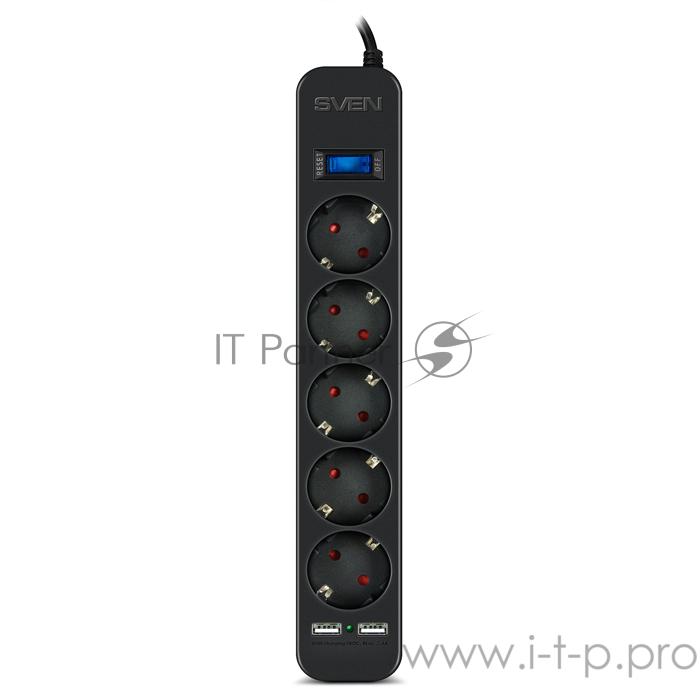 Фильтр SVEN SF-05LU 1,8 м (5 евро розеток,2*USB(2,4А)) черный, цветная коробка Surge protector SVEN SF-05LU 1,8 м (5 евро розеток,2*USB(2,4А)) черный, цветная коробка