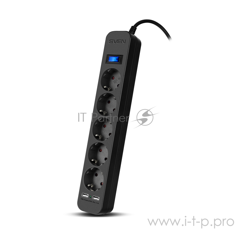 Фильтр SVEN SF-05LU 5.0 м (5 евро розеток,2*USB(2,4А)) черный, цветная коробка Surge protector SVEN SF-05LU 5.0 м (5 евро розеток,2*USB(2,4А)) черный, цветная коробка