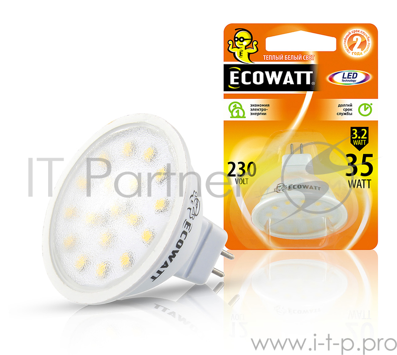 Лампа светодиодная ECOWATT MR16 230В 3.2(35)W 2700K GU5.3 теплый белый свет