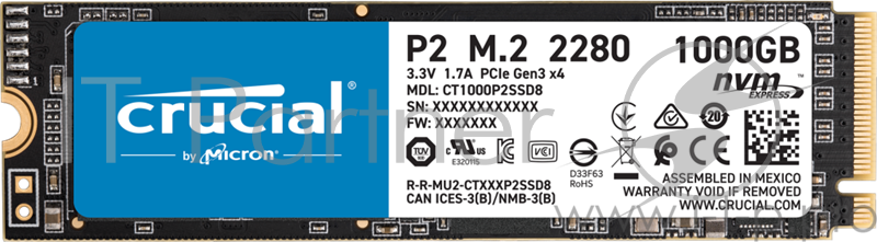 Твердотельный накопитель Crucial P2 SSD 1000GB, M.2 (2280), PCIe Gen 3.0, NVMe, R2400/W1800, 450 TBW