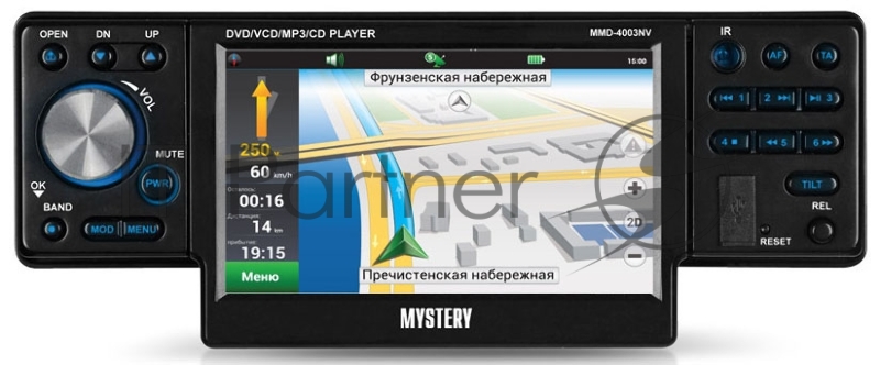 Автомагнитола MYSTERY MMD-4003NV(Навигационная мультимедийная система MYSTERY MMD-4003NV выполнена в типоразмере 1 DIN. Система воспроизводит форматы DVD, SVCD, VCD, MPEG4, CD-audio, MP3 и WMA. Для подключения внешних устройств предусмотрен AV вход,