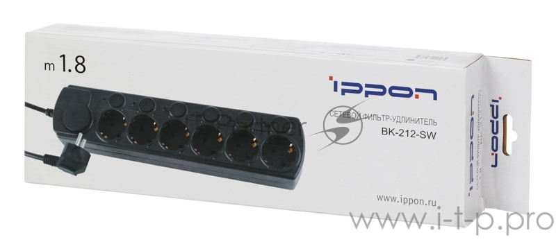 Сетевой фильтр Ippon BK212-SW 1.8м (6 розеток) черный (коробка)