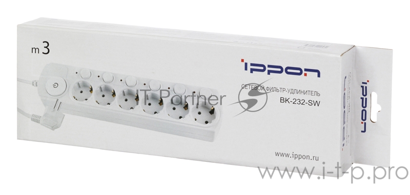 Сетевой фильтр Ippon BK232-SW 3м (6 розеток) белый (коробка)