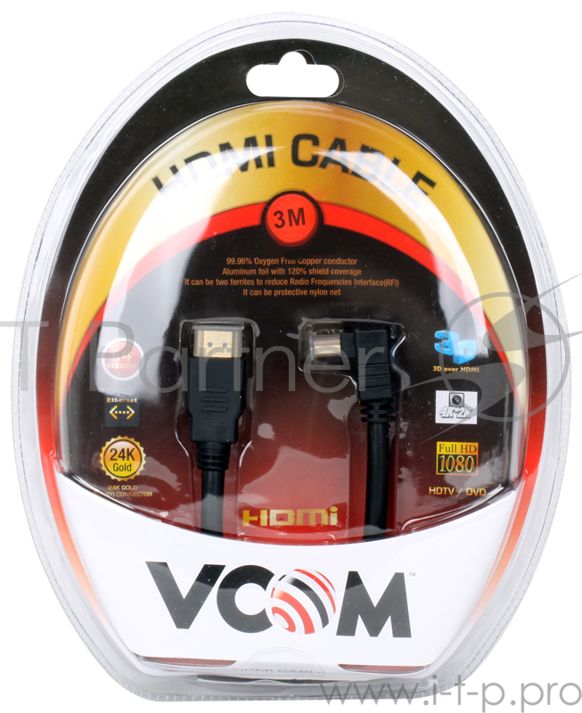 Кабель VCOM VHD6260D-3M Кабель HDMI=HDMI-угловой коннектор 3м, 1.4V.