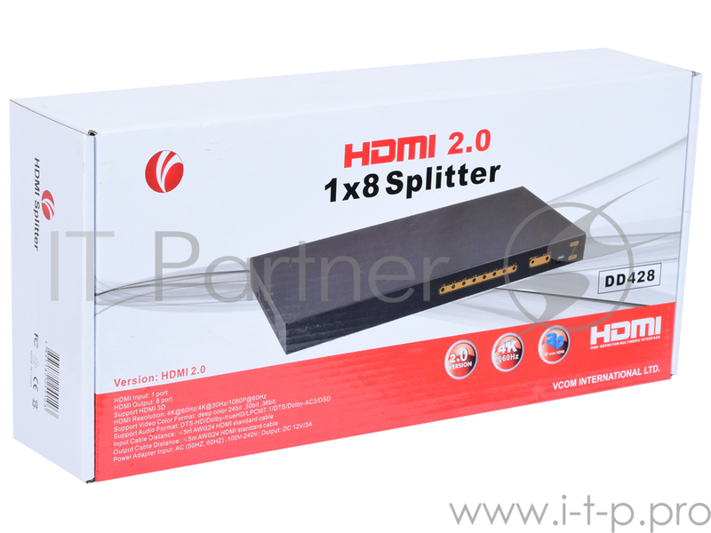Разветвитель VCOM DD428 Разветвитель HDMI Spliitter 1=8 2.0v.