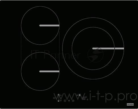 Индукционная варочная поверхность Franke FSM 653 I D BK, серия SMART, 60см, 4 зоны нагрева, сенсорное управление, 9 ступеней мощности, индукционный мост FLEXI, прямые края, установка сверху или вровень со столешницей, черная