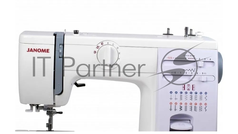 Швейная машина Janome 41515 операций, вертикальный качающийся челнок, полуавтоматическое выполнение петли, автоматический нитевдеватель, регулировка длины стежка до 4 мм, ширины зигзага до 5 мм, регулятор натяжения верхней нити, рычаг обратного хода