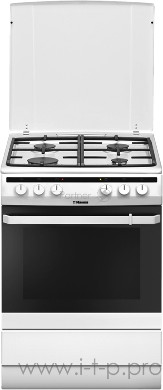 Плита Комбинированная Hansa/ 85x60x60, газовая, духовка электрическая, электроподжиг в ручке, электрогриль, чугунные решетки, белая