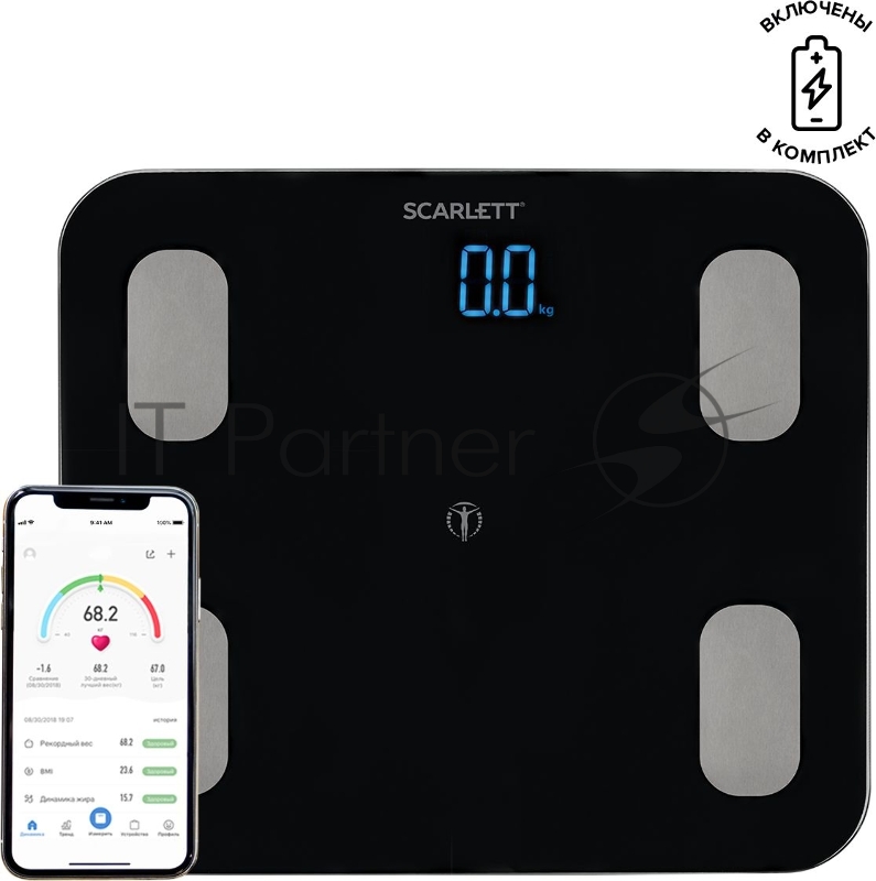 Весы Scarlett SC-BS33ED46 (черный)Тип: Диагностические Материал корпуса: ABS-пластик и закаленное стекло Максимальный вес, кг: 150 Цена деления, г: 100 Измерение уровня жира: Да Измерение уровня воды: Да Измерение мышечной массы: Да Измерение костной